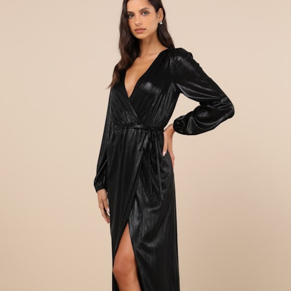 Lulus Extra Aesthetic Black Shiny Long Sleeve Surplice Maxi Dress - Size M